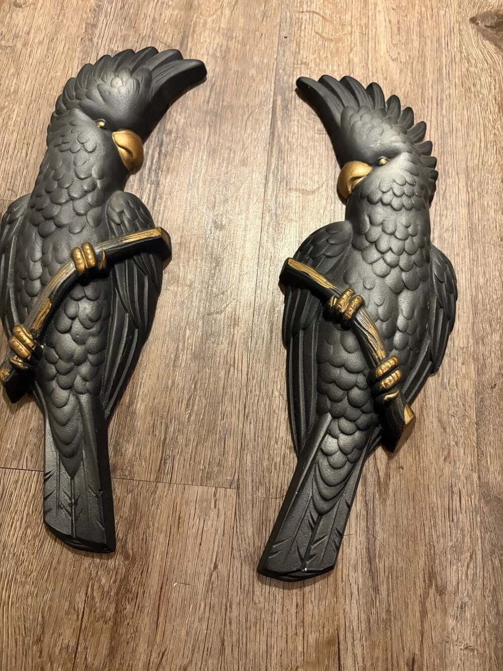 Vintage Miller Studios Chalkware Cockatoo Parrot Wall Plaques Black and Gold Pai